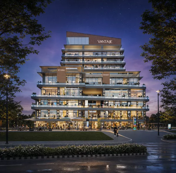 Architectural front elevation of Aura Vantaje premium commercial development